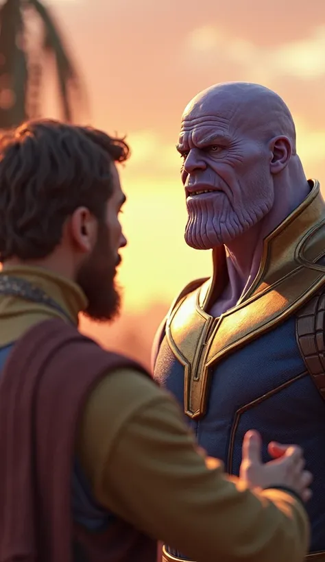 The customer looking confused and questioning Thanos.Highly Detailed 3D Render, Realistic Textures, Soft Natural Lighting, Warm Sunset Glow, Gentle Shadows, Expressive Facial Details, Dynamic Pose, Dramatic Hand Gestures, Intricate Fabric Details, Well-Bal...