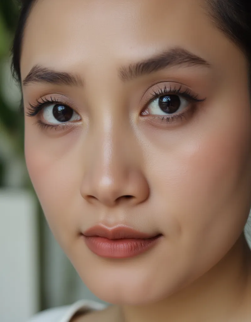 "A hyper-realistic close-up portrait of a beautiful woman with flawless skin, deep expressive eyes, and natural makeup. Her face is illuminated by soft, natural lighting, highlighting the fine details of her features—individual eyelashes, subtle skin textu...