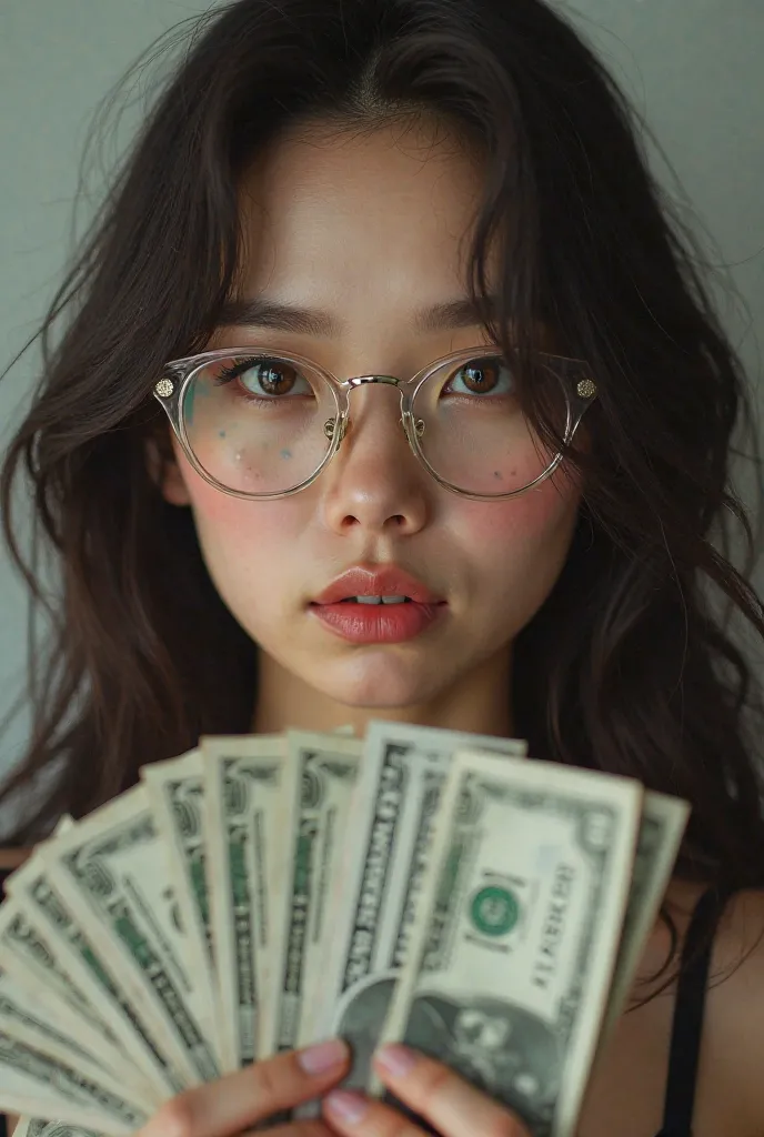 Create an image where a black-haired woman, brown eyes,  fleshy and pink mouth , has dimples on her cheeks and transparent rimmed glasses, Are you holding dollars in your hands.