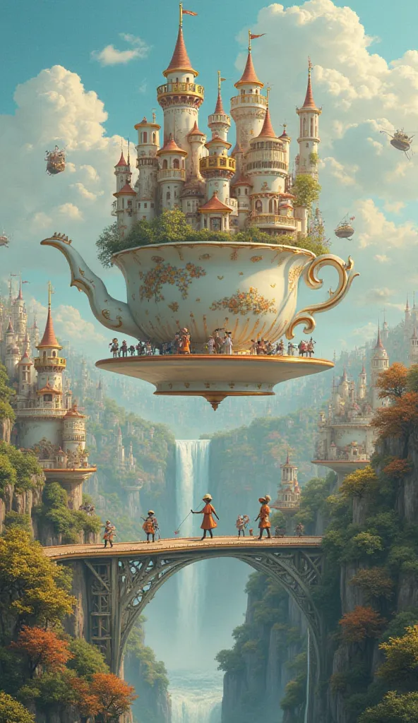 Floating City of Teacups
A city suspended in the air, built inside giant teacups. Bridges made of sugar cubes connect the cups, while steam-powered airships float between them. Tiny residents sail on spoons, and a waterfall of tea cascades from an overturn...