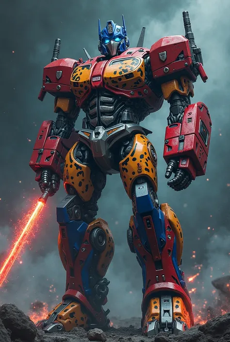 Giant powerful monster  cheetah fusion with Optimus prime with red blue body and holding a powerful dark energy swords 