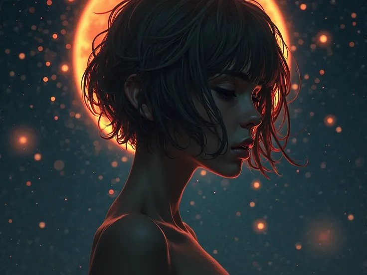 Girl with medium short hair whose ends are red and her hair is brown, And she falls backwards into an abyss of stars she must be visible in the background with a lunar eclipse and she must be all dark but with the twinkling of the stars and the girl must h...