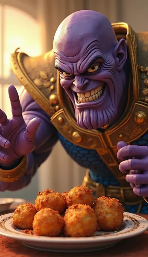 Thanos snapping his fingers with a mischievous smile, while half the pakoras on the plate disappear.Highly Detailed 3D Render, Realistic Textures, Soft Natural Lighting, Warm Sunset Glow, Gentle Shadows, Expressive Facial Details, Dynamic Pose, Dramatic Ha...