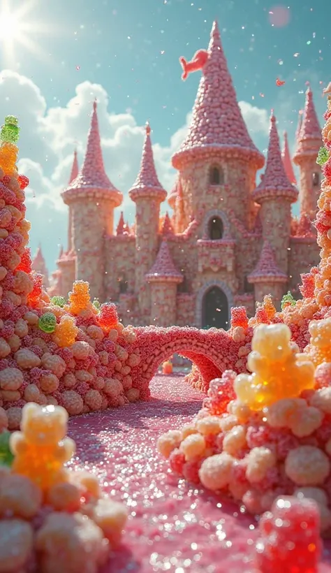 Gummy Bear Kingdom
A kingdom where gummy bears rule. The castle is made of rock candy, with a licorice drawbridge over a river of fruit punch. Tiny gummy bear knights ride jellybean horses, while workers build new towers out of stacked marshmallows. Sunlig...