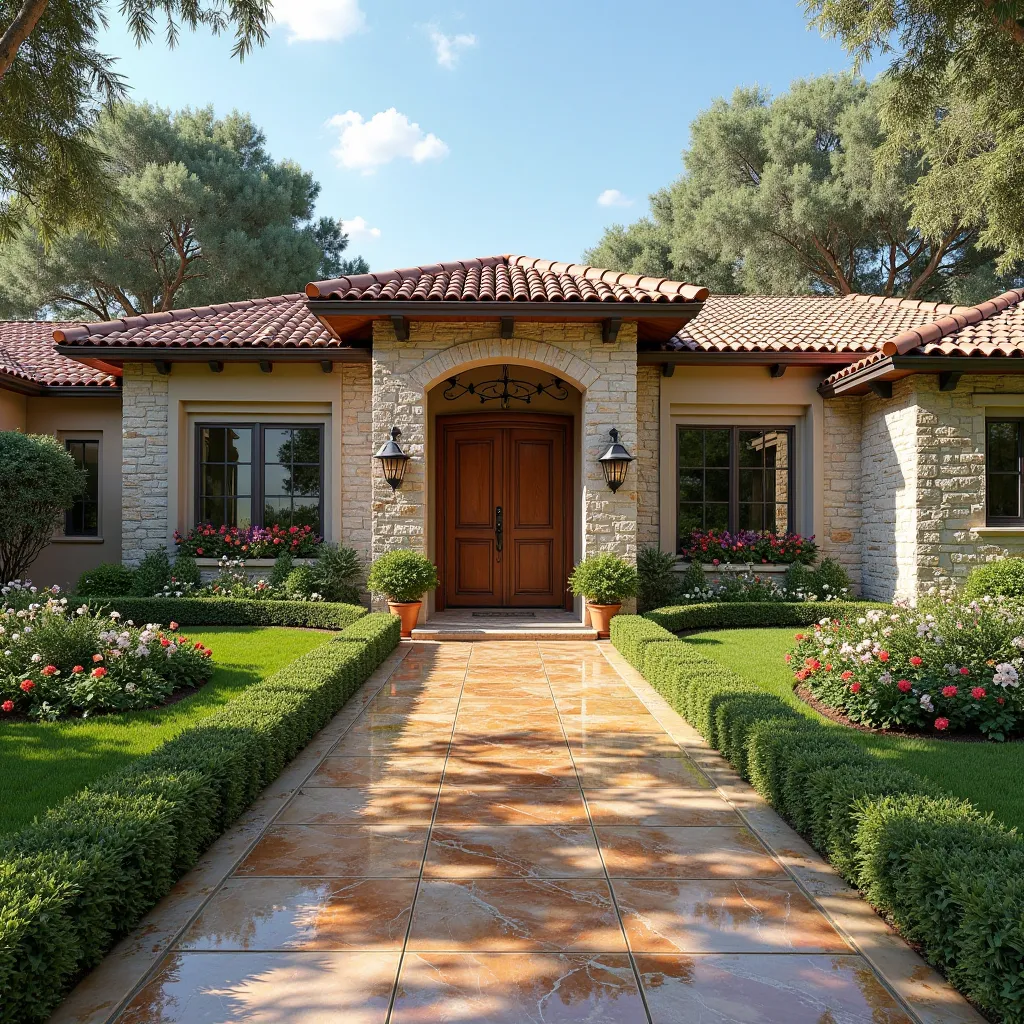 "A luxurious Mediterranean-style single-storey home with a modern rustic design, combining stone and wood. The entrance has a large wooden door surrounded by stone walls, with two elegant wall sconces. The house is surrounded by a beautifully landscaped ga...