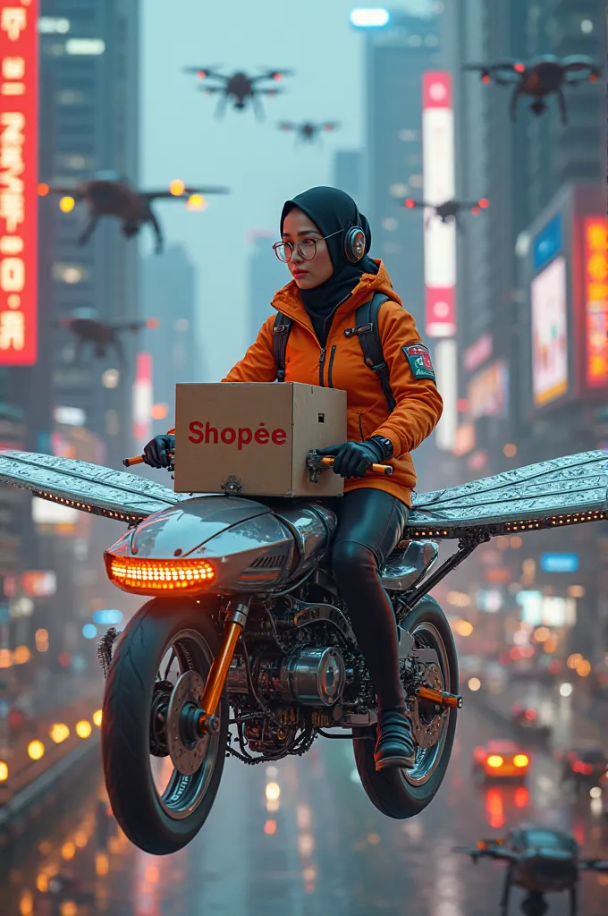 "A futuristic cityscape with a highly detailed cyberpunk aesthetic, featuring a beautiful Indonesian female delivery rider wearing a sleek, advanced orange uniform with a high-tech helmet and a stylish hijab. She is riding a biomechanical dragonfly drone w...