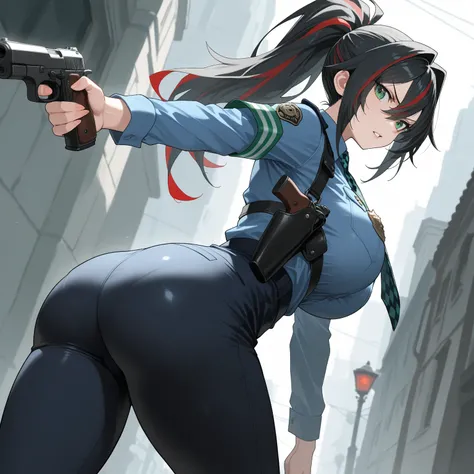 masterpiece,best quality,amazing quality,1girl, solo, large breasts, big boobs:1.4,  long hair, hair intakes, hair between eyes, black hair, red highlights, green eyes, ponytail,, high-waist pants , cropped jacket, holster, shoulder holster,  looking back,...