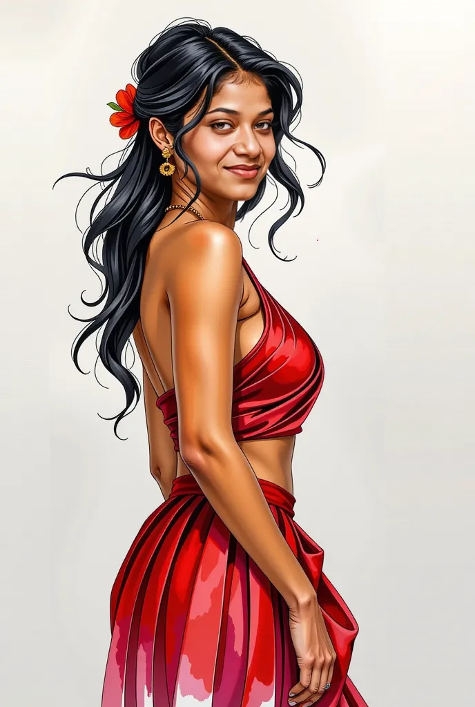 watercolor art A sultry Malayali yakshi beauty, 35 years young and radiant, poses in a portrait sketch of raw elegance.  lines boldly frame her face, capturing her high cheekbones, full lips, and piercing gaze. A pleated skirt drapes effortlessly from her ...