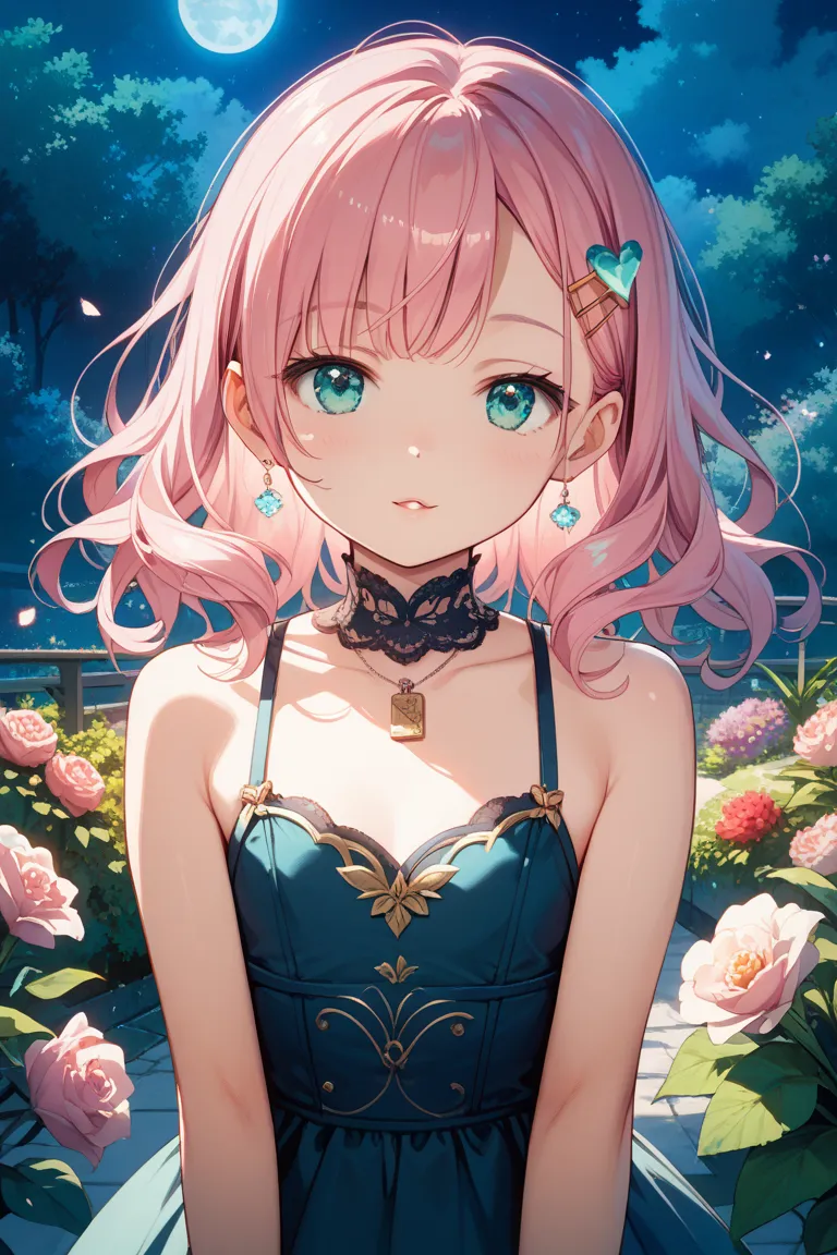 masterpiece, Highest quality, 1 girl, flat chest, outdoor, pink hair, bangs, Aqua Eyes,  night , hair ornaments close to the garden, hair clip、 zitoida