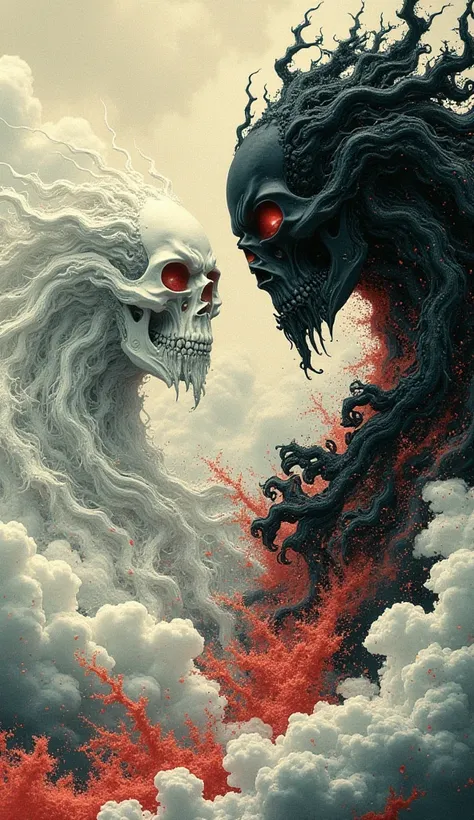 an ukiyo-e depiction of a giant white skull head fighting against a giant black skull head. both animals have japanese motif of curly cloud swirling on their body. 