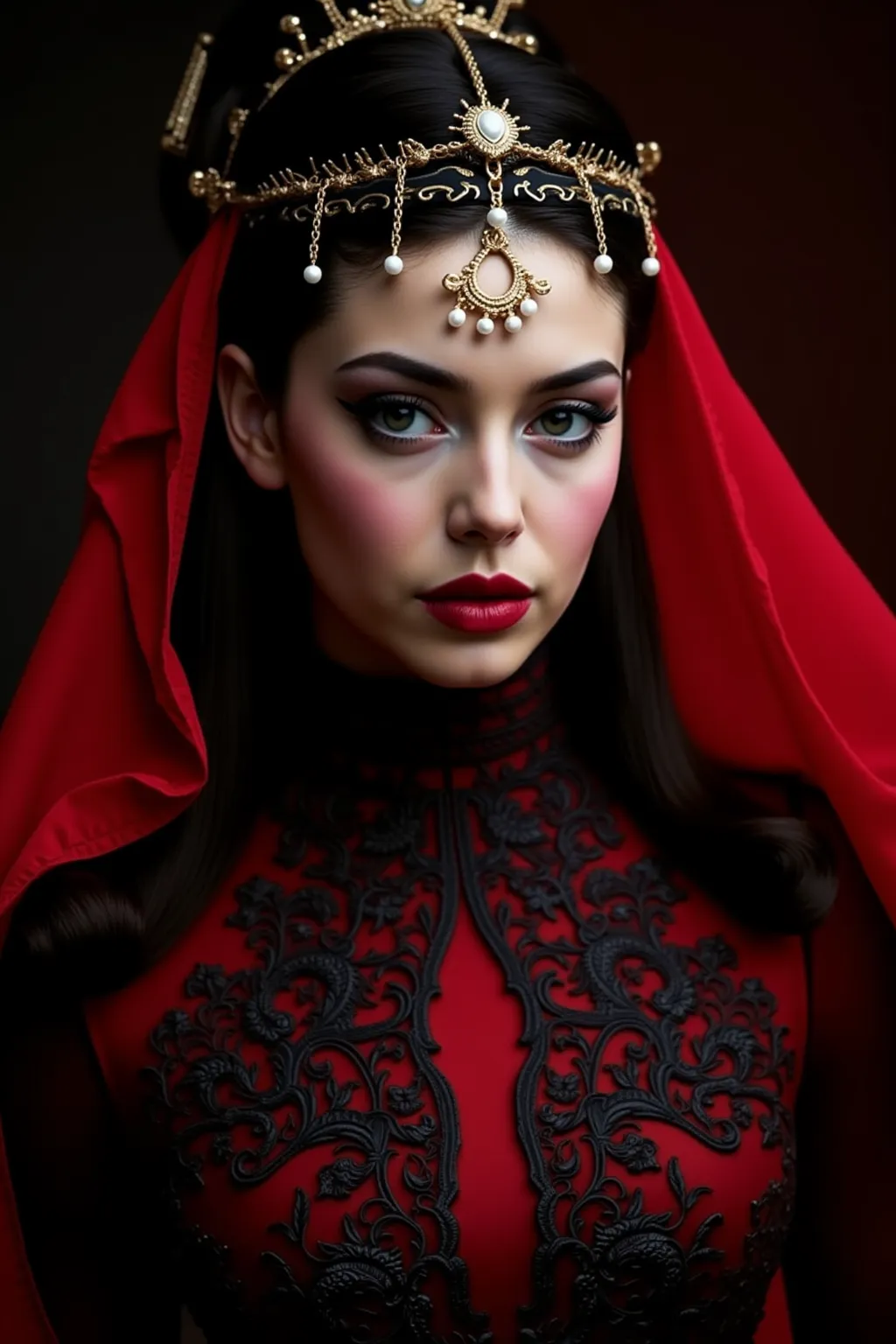 Scene: A mysterious woman with intense, penetrating eyes looks directly at the camera.  Her face is pale ,  that both wear , with a mixture of elegance and mysterious darkness.

Clothing & Accessories: She wears a intricately designed red robe with dark em...