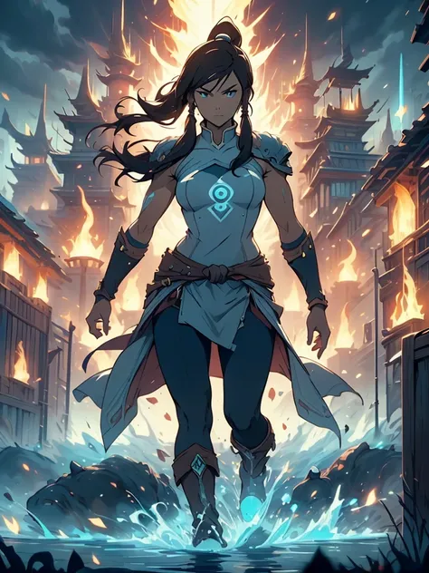 /imagine prompt: "korra from 'the legend of korra' in full body, anime-style. she stands in a dynamic, powerful pose, exuding confidence and warrior spirit. her face has a fierce, determined expression, not goofy—sharp eyes, strong gaze, and slight battle-...