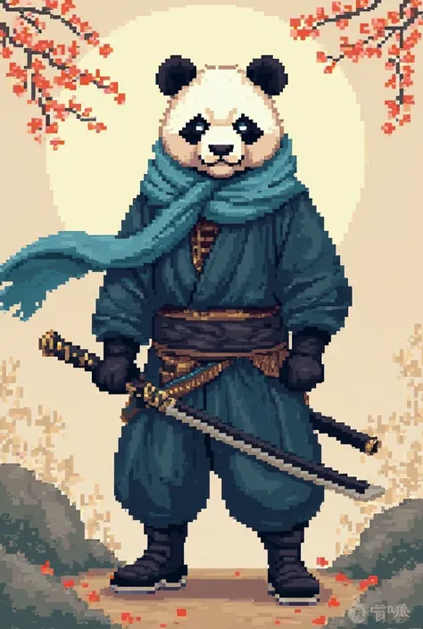 Ukiyo-e: 16-bit sprite of a panda bear Shinobi with cornflower blue scarf, navy blue outfit, black pants and black boots. He wields a kanabō.