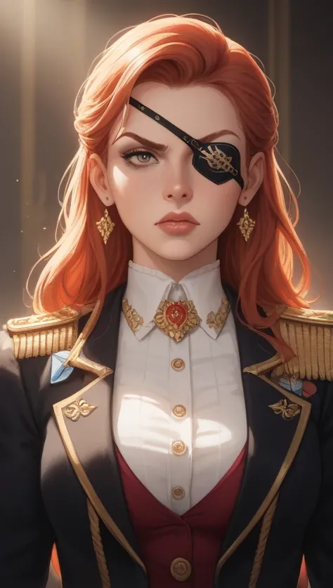 A woman with cherry red hair, with an eye patch and elegant clothes but with war marks