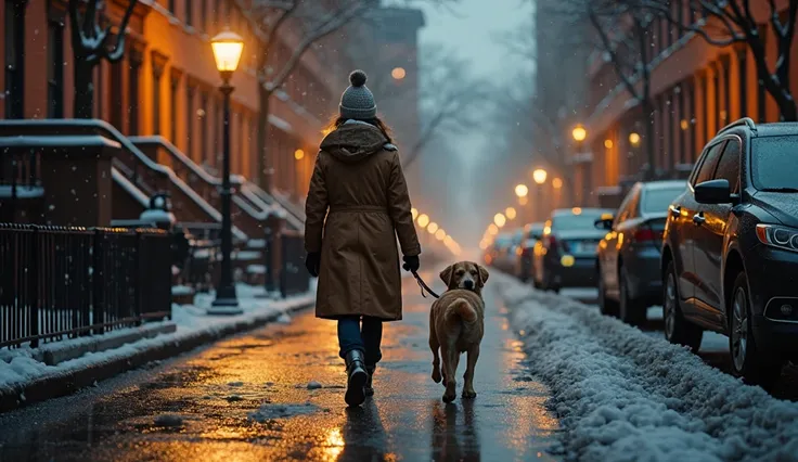 Ultra-realistic 16K image, American woman walking home on a cold Brooklyn evening, holding a makeshift leash attached to a golden retriever walking beside her, city lights reflecting off wet pavement, winter coats and scarves, background of brownstone apar...