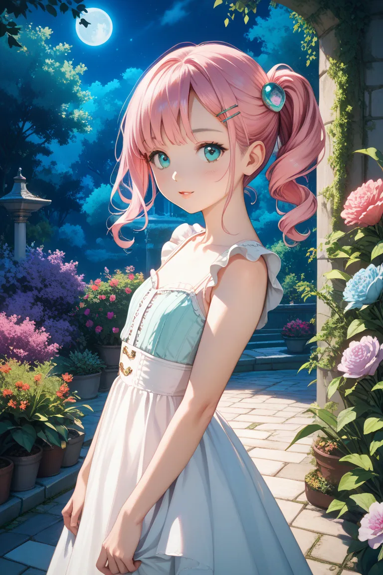 masterpiece,  1 girl, flat chest, outdoor, pink hair, bangs, Aqua Eyes,  night , hair ornaments close to the garden, hair clip