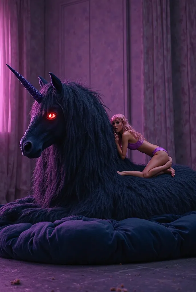 In an all dark purple bedroom a giant evil unicorn queen covered with thick black fur red glowing eyes a purple mane and a long purple horn is laying on a giant dark blue dog bed made of fur sitting on the unicorn’s back is a scared cute princess wearing a...