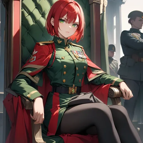 High resolution, high quality, HD, beautiful female, 1 female, beautiful, ager, serious, medium breasts, short straight hair, scarlet red hair, green colored eyes, military uniform, sitting on a throne