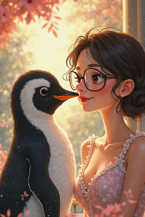 Penguin falling in love with a girl with glasses