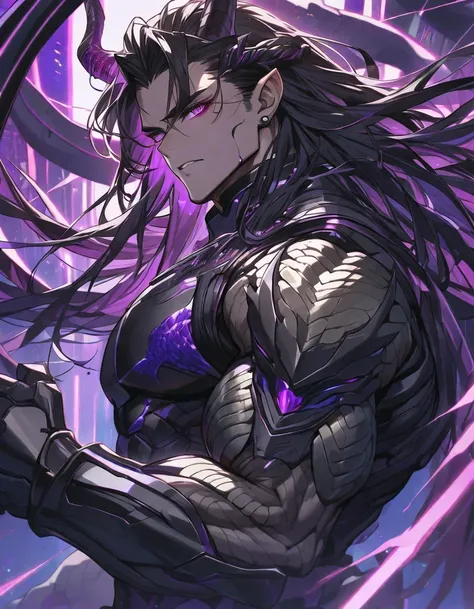 One,  foreign, 1 person,  sporty body looking out of the side, V-shaped body, Detailed Armor with Purple Sparkling Ornaments on Black, Black Demon Horn, long hair,   black hair, Reptile Eye Magenta, Purple Thread, black light, muscular boy