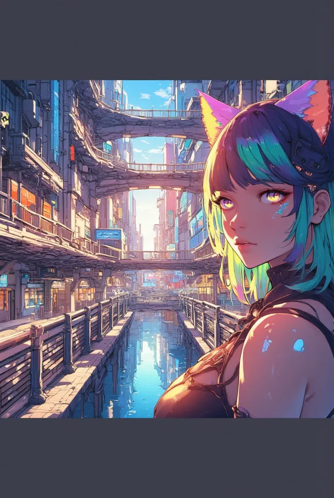 anime-style,detailed,masterpiece,highres,
professional lighting, 
Composition with a sense of pressure
,A Cyber big commercial facility built on water,If you dive through the intricate bridge, there are many shops and it is full of life,two point perspecti...