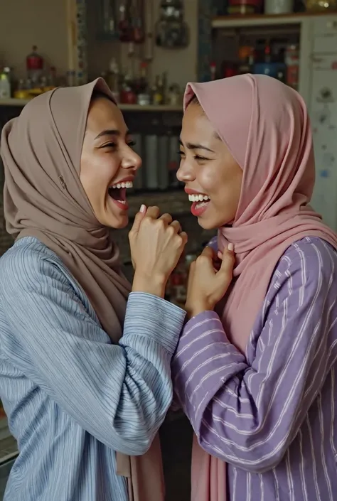 This retro photo shows two young women in long hijabs arguing with each other. They wore striped clothes—one in a blue shirt with white stripes and the other in a purple shirt with white stripes.

They were seen clutching each other's necks and hijabs with...