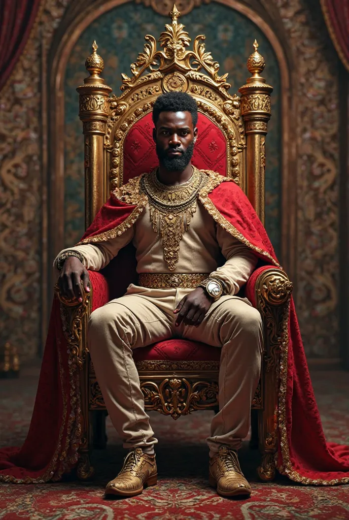 African，good looking，Medieval European Royal Decor，Wearing royal shoes， big body ， sitting on the throne ， looking ahead