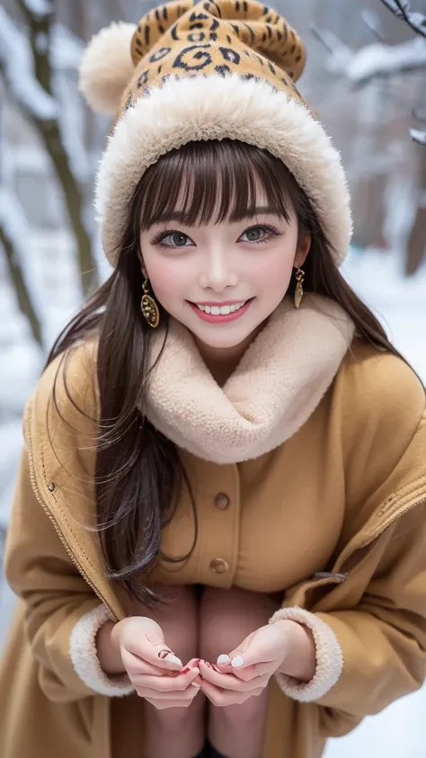 Midwinter Outdoors,Snowy Outdoors、long coat with fur,leopard print ,Knee High Boots,Thigh High Stockings, knitted sweater, knitted hat,Medium breast、earrings、
Highest quality, very detailed, masterpiece, Absard dress,8k,   photorealistic, realistic,detaile...