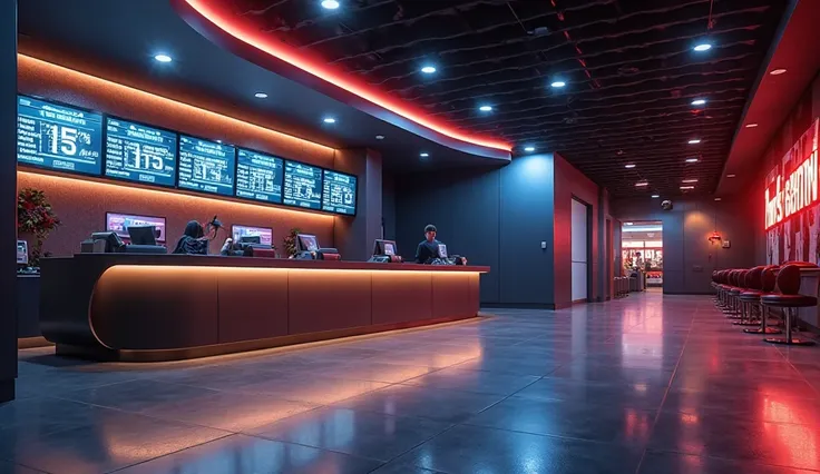 A cinematic, ultra-realistic 4K image of a modern cinema lobby, with a close-up view of the ticket counter. Ambient lighting is realistic, creating a welcoming yet elegant atmosphere. The ticket counter has a sleek, glossy surface with a digital screen dis...