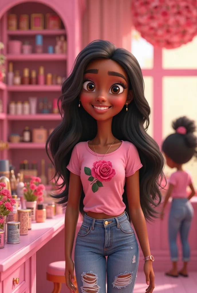 
"A vibrant and welcoming animated scene in the Pixar style. a smiling young woman, with brown skin and long black hair, wears a personalized rose with a feminine and modern touch, combined with ripped blue jeans. She is in a charming store, all decorated ...