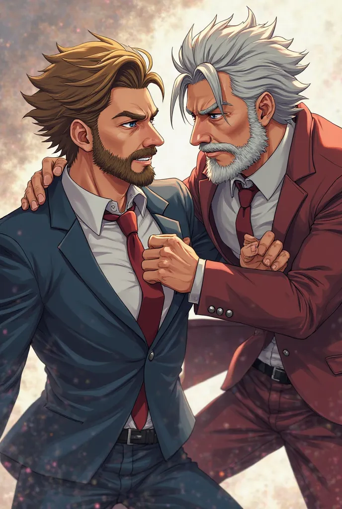 Make an image of a beating fight between two anime characters, Let one be light brown, with beard, skinny,  of middle age, With a suit and let the other one be with gray hair,  of middle age, medium length hair, skinny y tambien con traje