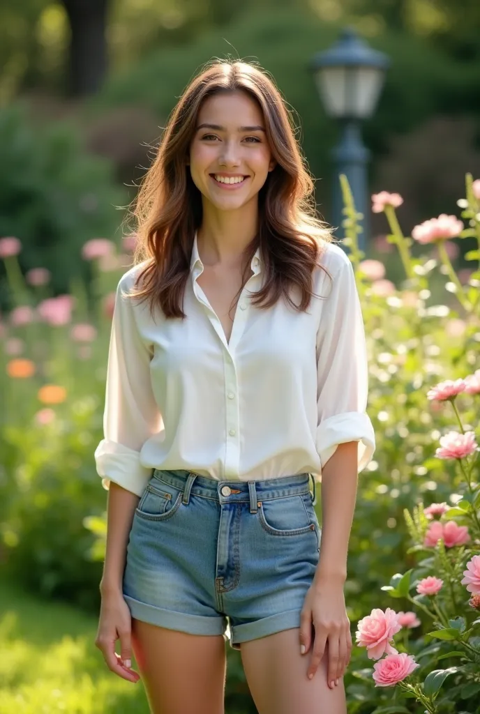 Realistic 4k photograph of  brown hair white blouse shorts jeans and white shoes smiling in a garden