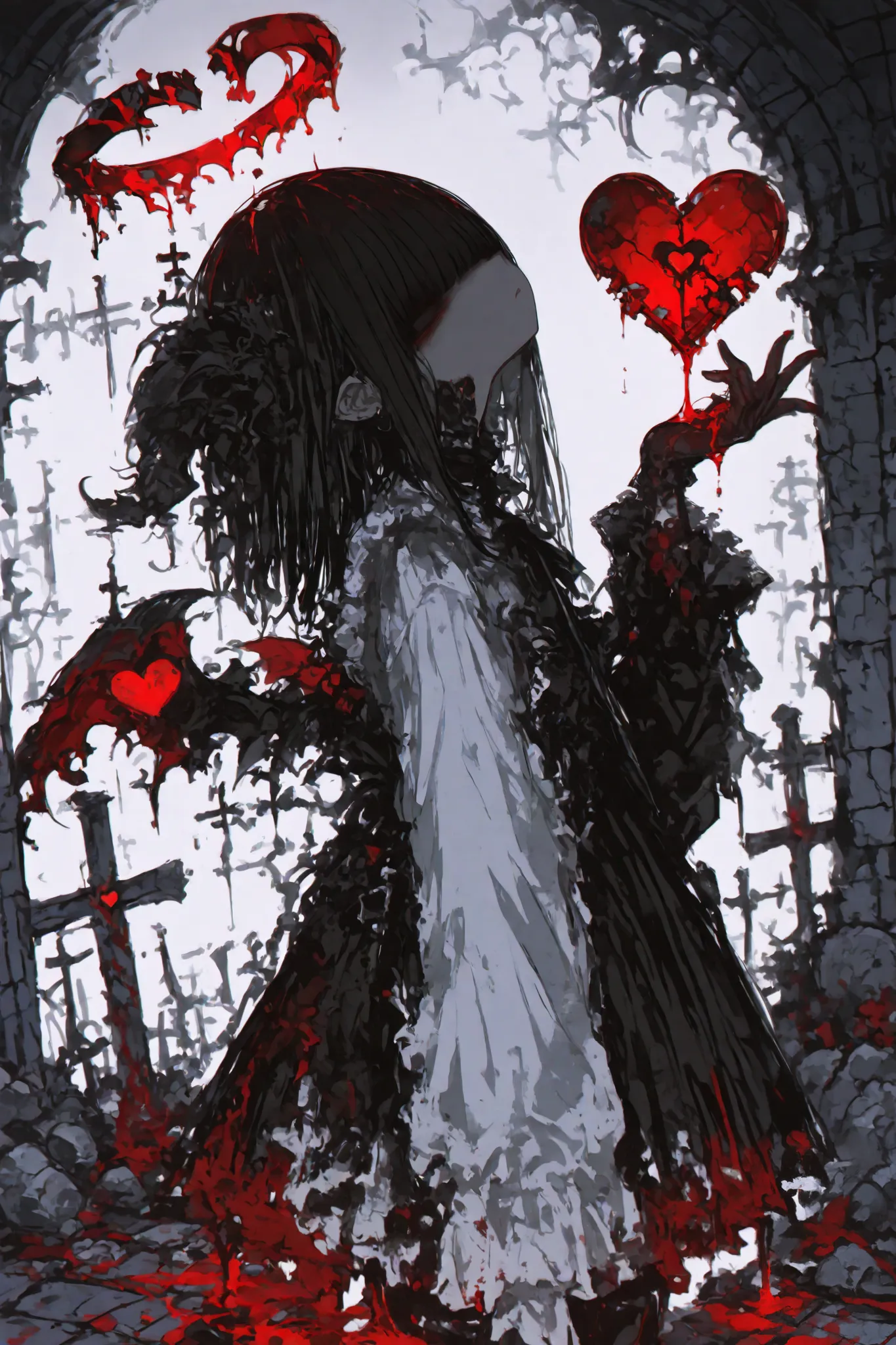 masterpiece, best quality, ultra-detailed, dark fantasy, xxx667_illu,1girl, holding a dripping red heart in her gloved hand, black gothic dress, somber expression, long dark hair with bangs, fragments of a broken halo above head, ominous dark indoor backgr...