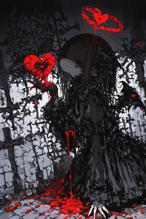masterpiece, best quality, ultra-detailed, dark fantasy, xxx667_illu,1girl, holding a dripping red heart in her gloved hand, black gothic dress, somber expression, long dark hair with bangs, fragments of a broken halo above head, ominous dark indoor backgr...