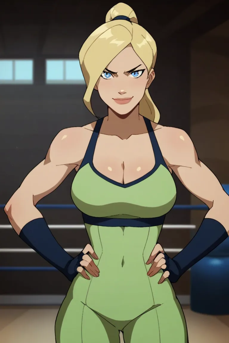 score_9, score_8_up, score_7_up, source_cartoon,black canary, blue eyes, blonde hair, wavy mid-ponytail , large breasts, light green yoga shorts, light green racerback sports bra, light green boxing gloves, cleavage,   BREAK standing, looking at viewer, sm...