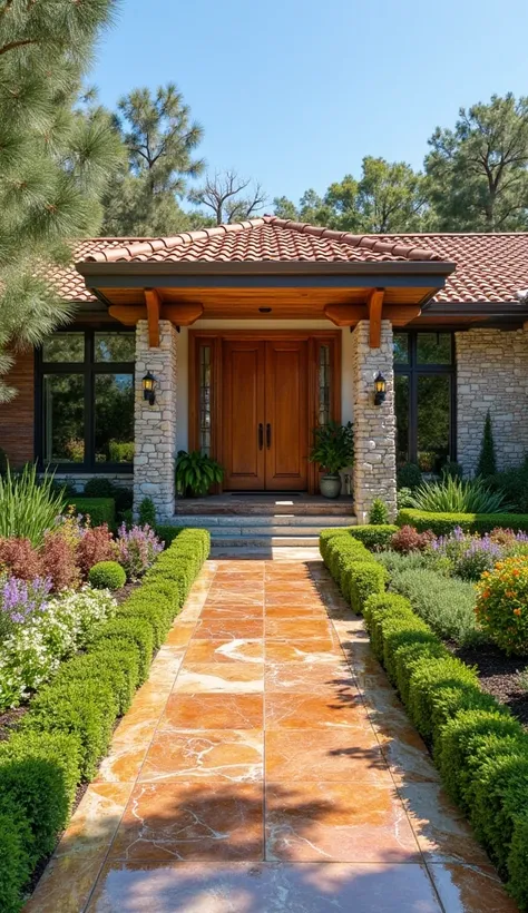 "A luxurious modern single-storey Mediterranean home with a warm and inviting design. The home features a mix of stone and wood elements, with a large wooden entry door surrounded by elegant stone walls. A beautifully landscaped garden surrounds the home, ...