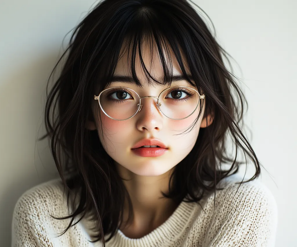 She appears to be a young woman with medium-length, dark hair that frames her face softly. She has bangs that rest just above her eyes, and she’s wearing round, wire-framed glasses that complement her delicate features. Her expression is calm and thoughtfu...