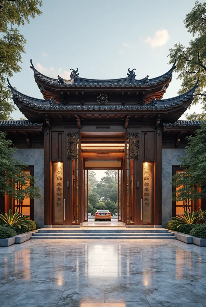 Chinese style villa、Single building、front、entrance doors on the left and right sides are two stories high、Large glass doors and windows on the left and right sides of the door、bright marble tiles