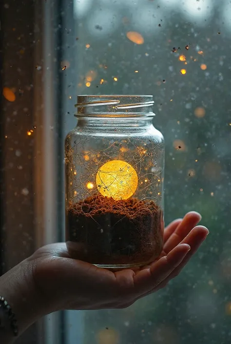 He held the cracked and cracked glass jar with his hand, in the window of his bedroom on the second floor, He looked at the pot, and placed his hand inside the pot, and inside the pot there was soil, fireflies, a small piece of paper, seeds and a necklace ...