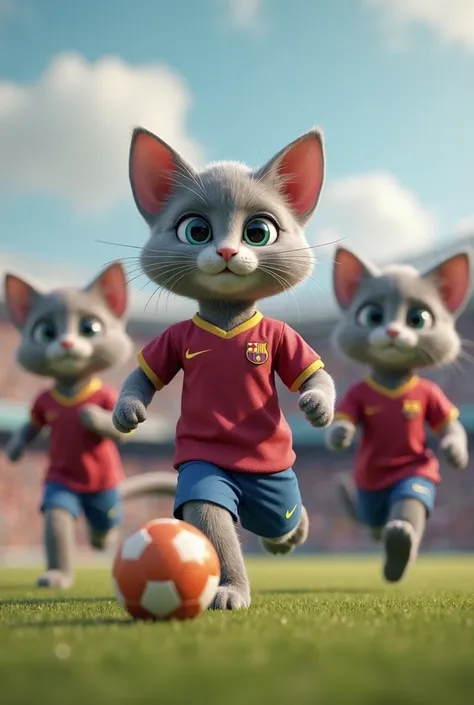 "Stylish and charismatic 3D rendering of a caricature grey cat, playing ball in a training amusement field, wearing a " Barcelona " . Coach and fellow cats wearing a “bvrcelon” uniform are training together. 