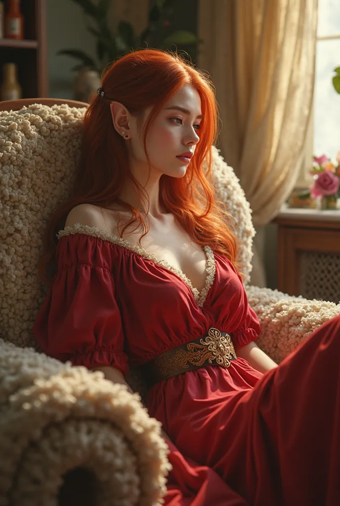 Beautiful elf girl sits on the sofa in a cozy house in red clothes 