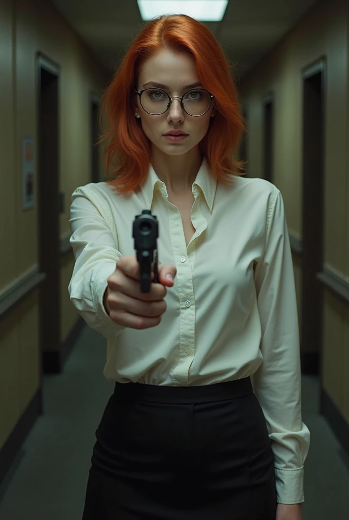  Woman, place her full body, red-haired,  short hair at shoulder length,  white skin,  perfect body, light green eyes, She wears a tight black skirt, long sleeve button down shirt, Color of the white shirt,  round glasses , using a gun, Scenario of an aban...