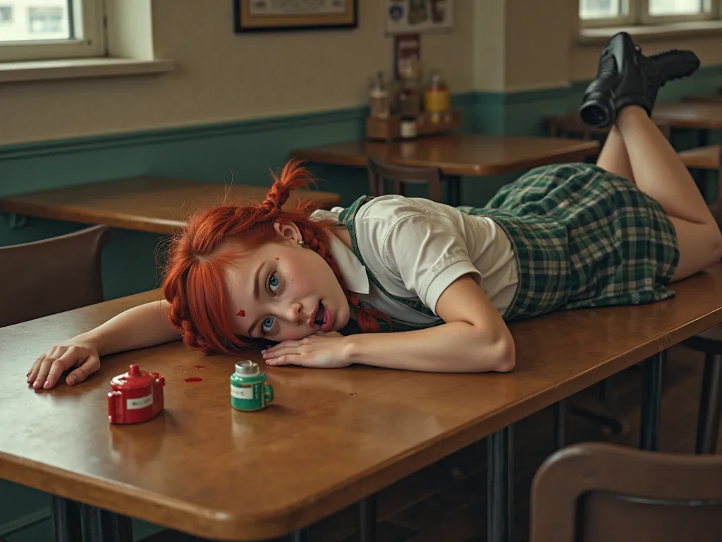 photography,  Realistic, A red-haired girl with braids lies dead on a table in a coffee shop,  with a bullet hole in her forehead , with blood, with knocked down ketchup and mustard containers,  dressed as a schoolgirl, white short sleeve shirt, green and ...