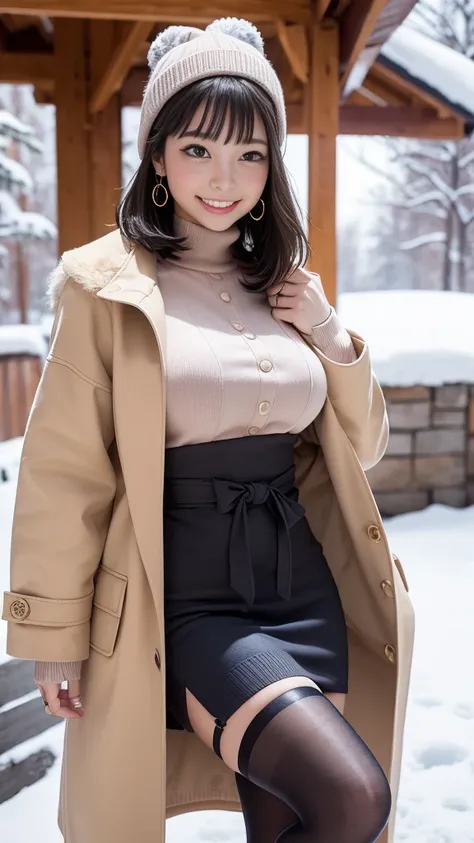 Midwinter Outdoors,Snowy Outdoors、long coat with fur,leopard print ,Knee High Boots,Thigh High Stockings, knitted sweater, knitted hat,Medium breast、earrings、
Highest quality, very detailed, masterpiece, Absard dress,8k,   photorealistic, realistic,detaile...