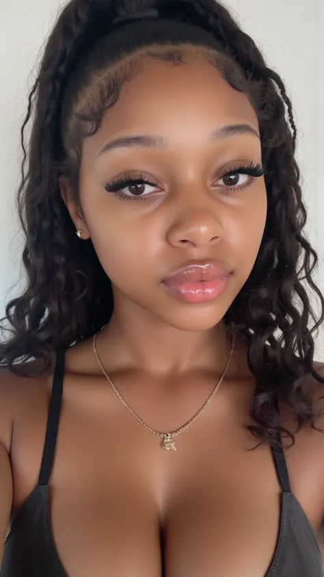 honey complexion black woman, curly long plaits with hair ribbons, brown eyes, black eyeliner, plump juicy lips, glossy lipstick, brown skin, black girl, perfect, gorgeous girl (((age 13))), tall quality, perfection details, ultra 8K, perfectly rendered fa...