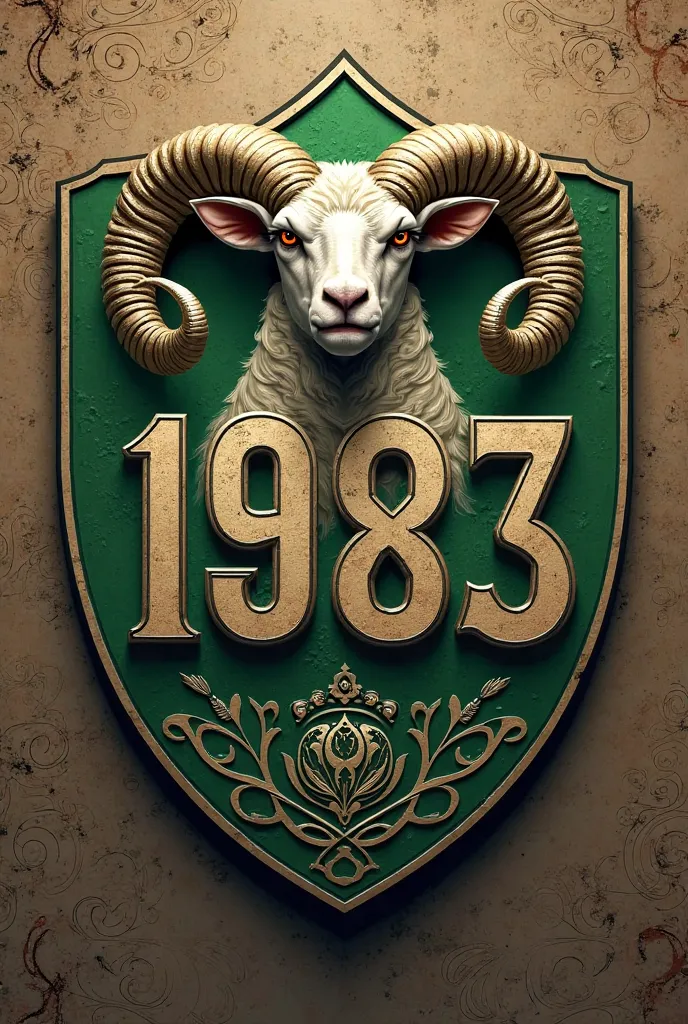 Make an image with the coat of arms of Santos Laguna with the number 1983 and an angry Simarron sheep in the middle