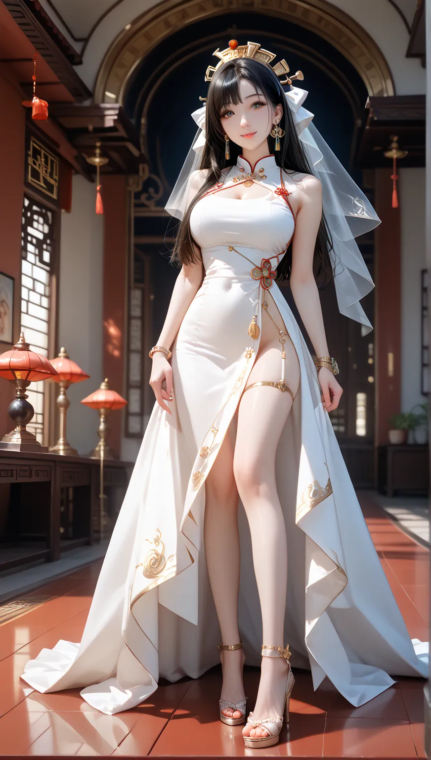 (( White Miko Dress)),(( masterpiece))、 Reality、      tall目標影像品質   ,(( White Miko Dress))、(( masterpiece))、 Reality、     tall品質    elegant woman   ,   in China's  Luxury Chinese Goddess  , Four Beauty Girls  ,   Women's Shirts   ,  cute,      confidence an...