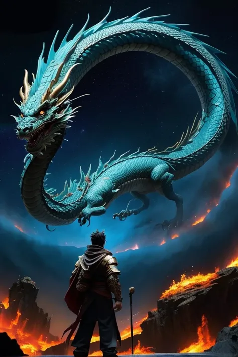 A man standing on stage watching a dragon in a dark room, Dragon king, Detailed digital, EPIC FANTASY DIGITAL STYLE ,Night Skyに浮かぶ大蛇、,background（Night Sky、You can see the Earth、Atmosphere）、Jormungand、theme（Doomsday Battle）。 Artistic Elements Give Depth to ...