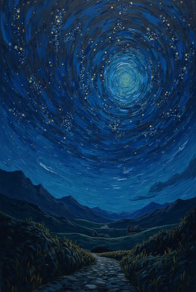 Create a starry night with a dark and sad vibe like vincent van goes painting