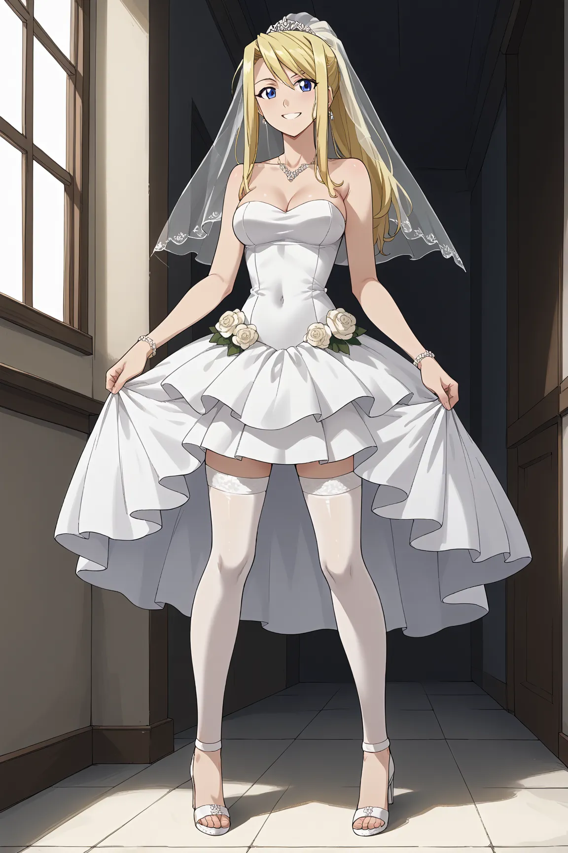 1 girl、solo, blonde、ponytail、blue eyes、medium breasts、((wearing wedding minidress, wedding veil, bride)) 、High resolution、highest quality、detailed face、anime moe art style、abdomen、Navel exposed、smile、indoor、standing, front view, high heels sandals 